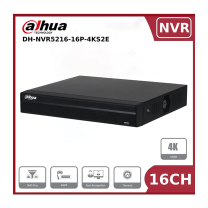 16 Channel Dahua DHI-NVR5216-16P-4KS2E 16 Channel 1U 2HDDs 16PoE 4K & H.265 Pro Network Video Recorder