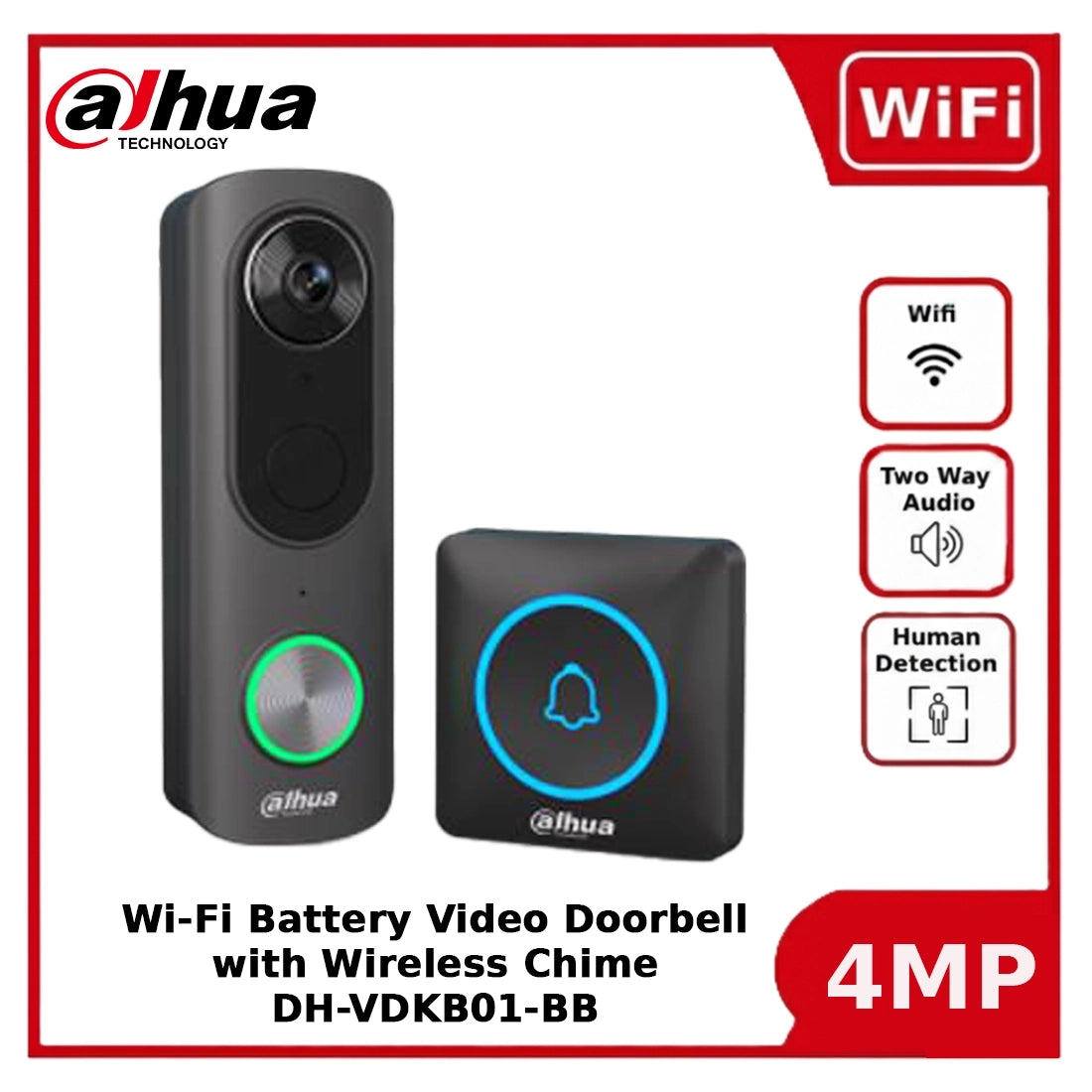 Dahua DH-VDKB01-BB 4MP Wi-Fi Battery Video Doorbell with Wireless Chime, AI Detection, IP65