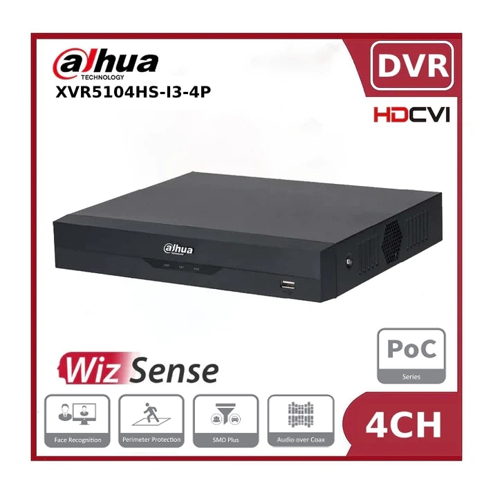 4 Channels Dahua DH-XVR5104HS-I3-4P 4 Channels PoC Penta-brid 5M-N/1080P Compact 1U 1HDD WizSense Digital Video Recorder with PoC