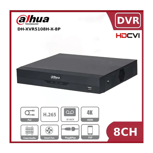 8 Channels Dahua Dahua XVR5108H-X-8P 8CH PoC 1080P Compact Hybrid DVR