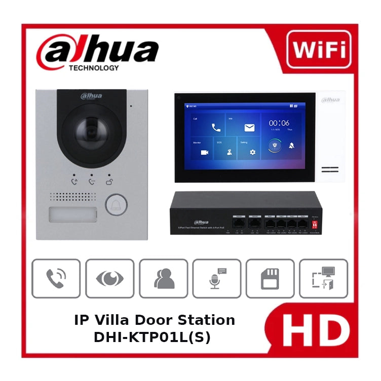 Dahua DHI-KTP01L(S) Video Intercom IP Door Station and Indoor Monitor with 2MP Camera and Switch, IP65, Surface Mount