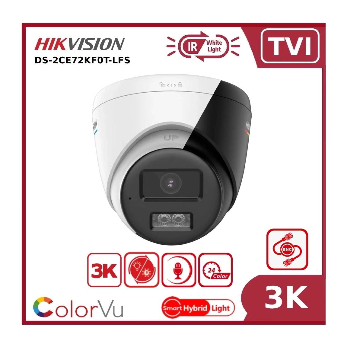 Hikvision DS-2CE72KF0T-LFS 3K TVI AoC ColorVu + IR Dual-light Fixed Turret TVI Camera + Mic "EOL"