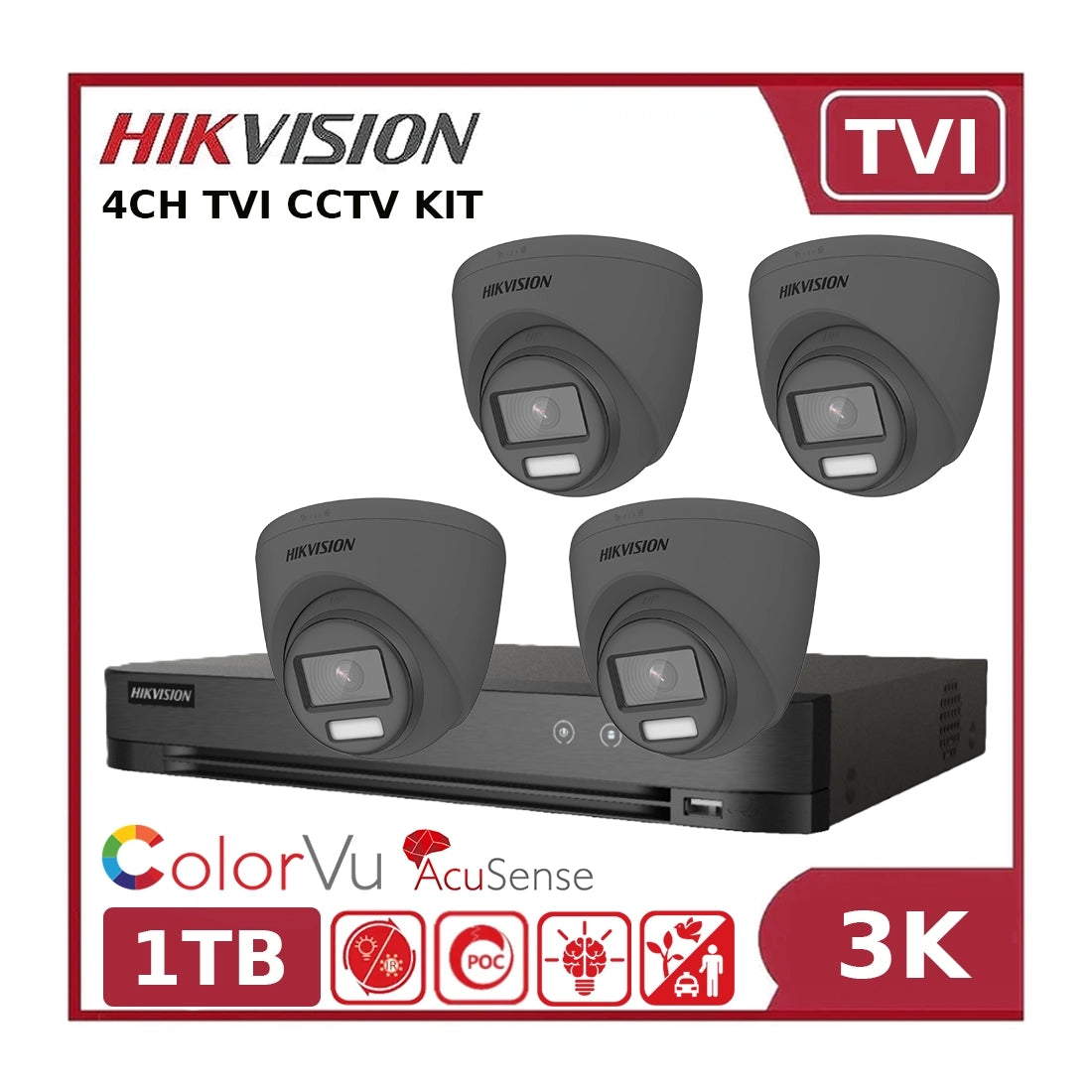 Hikvision 3K 4CH PoC Kit – 4 x DS-2CE72KF3T-LE-Grey Cameras + iDS-7204HUHI-M1/P DVR + 1TB HD - Free Wi-Fi Range Extender