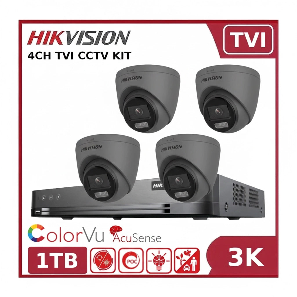 Hikvision 3K 4CH PoC Kit – 4 x DS-2CE72KF3T-LE-Grey Cameras + iDS-7204HUHI-M1/P DVR + 1TB HD - Free Wi-Fi Range Extender