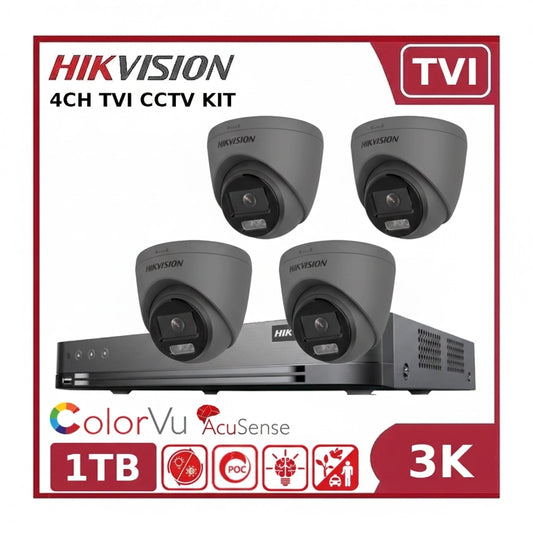 Hikvision 3K 4CH PoC Kit – 4 x DS-2CE72KF3T-LE-Grey Cameras + iDS-7204HUHI-M1/P DVR + 1TB HD - Free Wi-Fi Range Extender