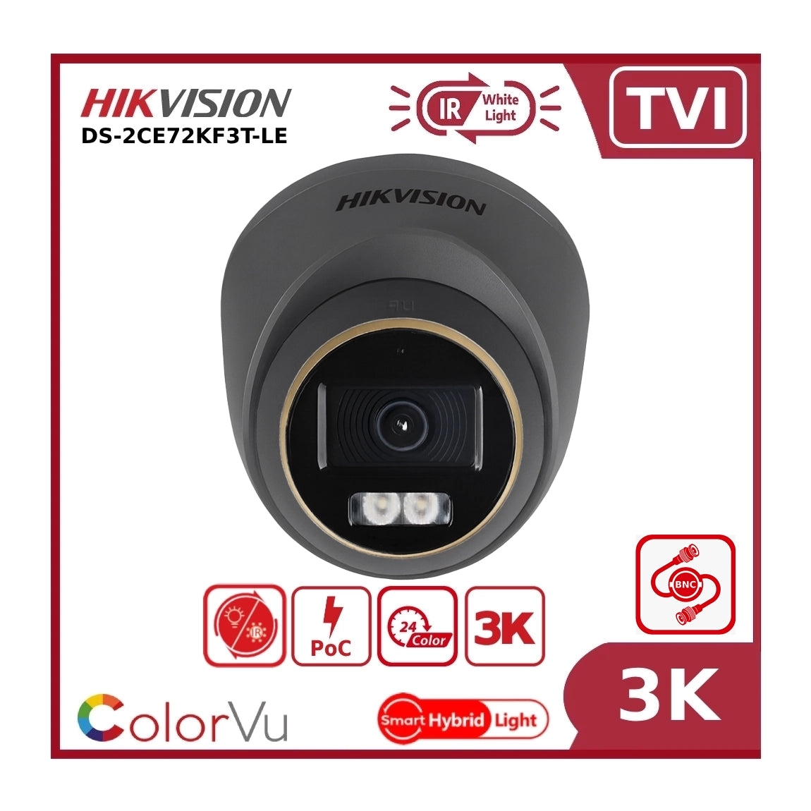 3K Hikvision TVI DS-2CE72KF3T-LE 3K PoC ColorVu + IR Dual-light Fixed Turret TVI Camera