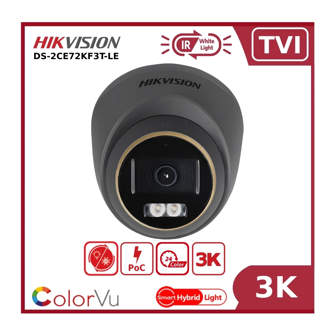 3K Hikvision TVI DS-2CE72KF3T-LE 3K PoC ColorVu + IR Dual-light Fixed Turret TVI Camera