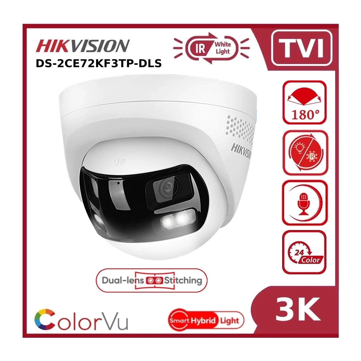 Hikvision DS-2CE72KF3TP-DLS 3K TVI Dual-Lens 180° Smart Hybrid Light ColorVu AoC Turret Camera with Built in Mic