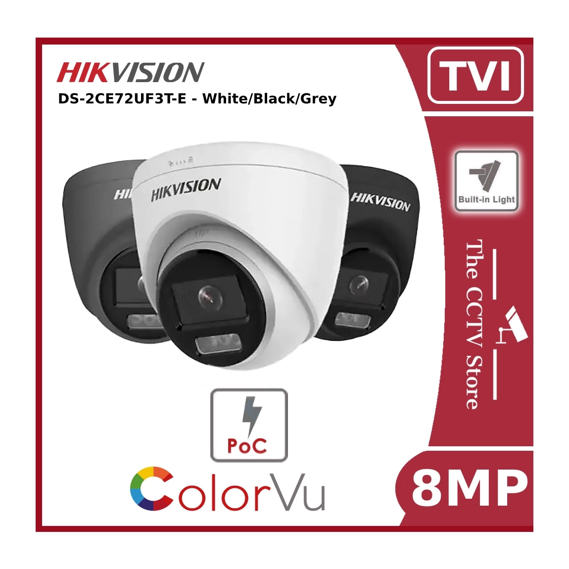 8MP 4K Hikvision DS-2CE72UF3T-E ColorVu POC Fixed Turret Camera 40M Light (Not IP - Not PoE)