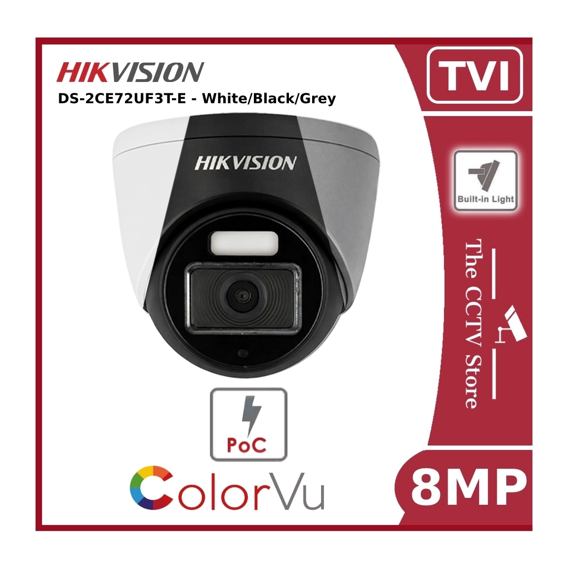 8MP 4K Hikvision DS-2CE72UF3T-E ColorVu POC Fixed Turret Camera 40M Light (Not IP - Not PoE)