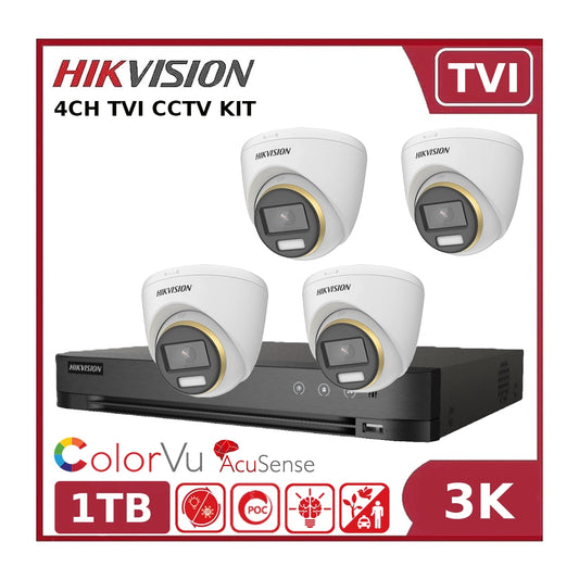 Hikvision 3K 4CH PoC Kit – 4 x DS-2CE72KF3T-LE Cameras + iDS-7204HUHI-M1/P DVR + 1TB HD - Clearance