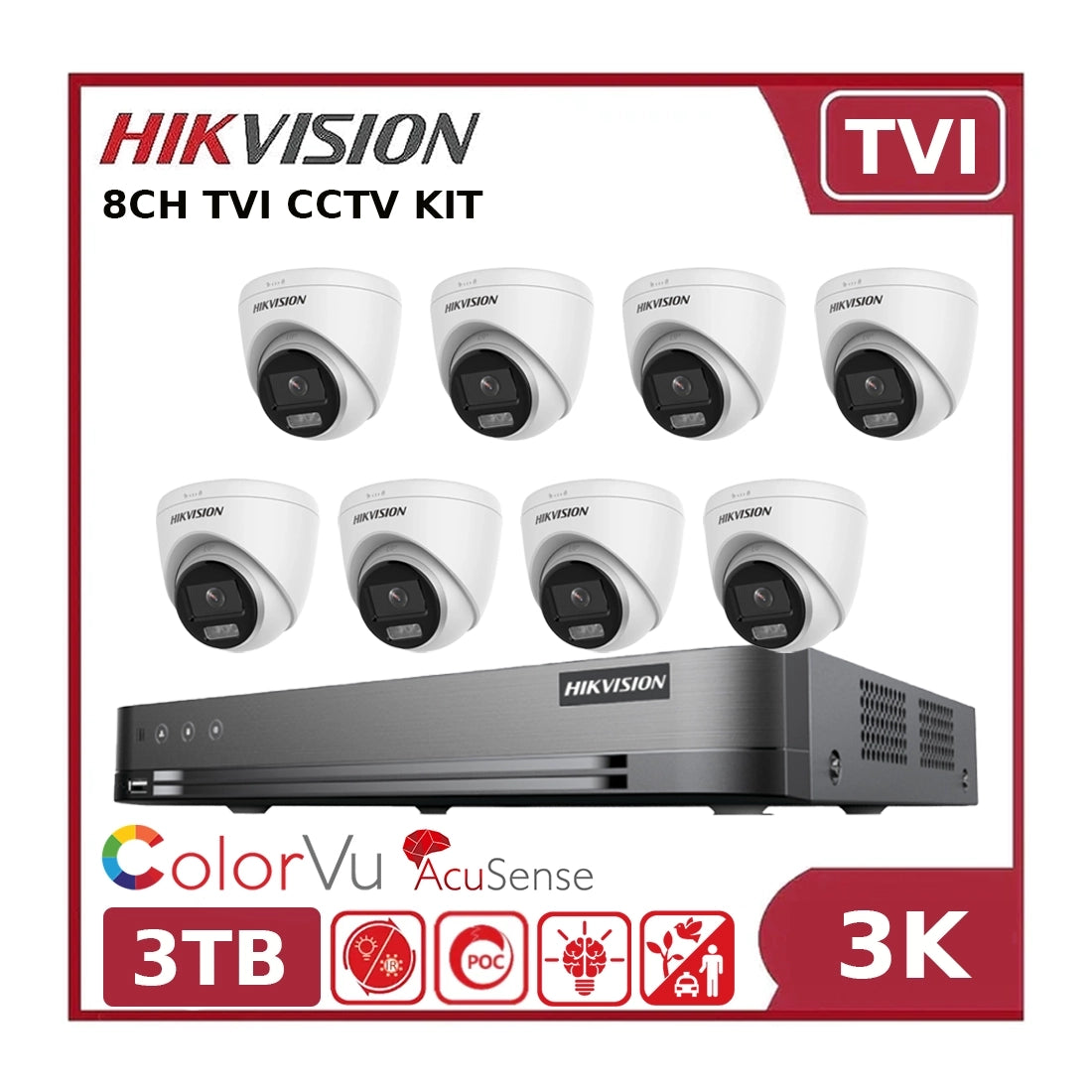 Hikvision 3K 8CH PoC Kit – 8 x DS-2CE72KF3T-LE Cameras + iDS-7208HUHI-M2/P DVR + 3TB HDD-Clearance