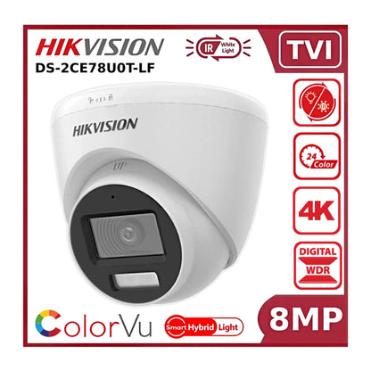 Hikvision 8MP DS‑2CE78U0T‑LF Smart Hybrid Light ColorVu + IR Fixed Lens TVI Turret Camera 20M White Light + 40M IR - White