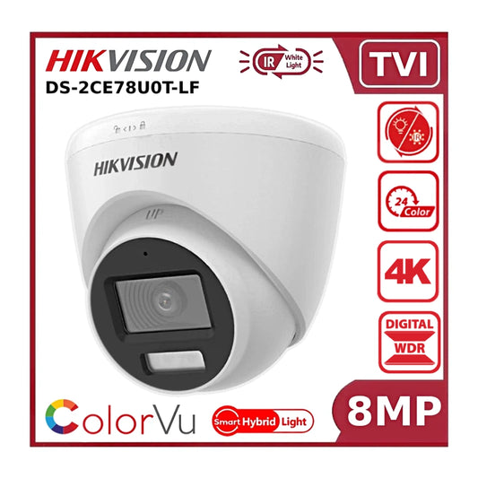 Hikvision 8MP DS‑2CE78U0T‑LF Smart Hybrid Light ColorVu + IR Fixed Lens TVI Turret Camera 20M White Light + 40M IR - White