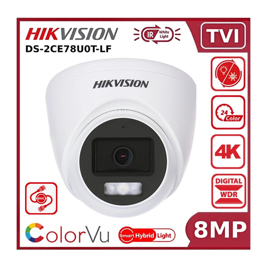 Hikvision 8MP DS‑2CE78U0T‑LF Smart Hybrid Light ColorVu + IR Fixed Lens TVI Turret Camera 20M White Light + 40M IR - White