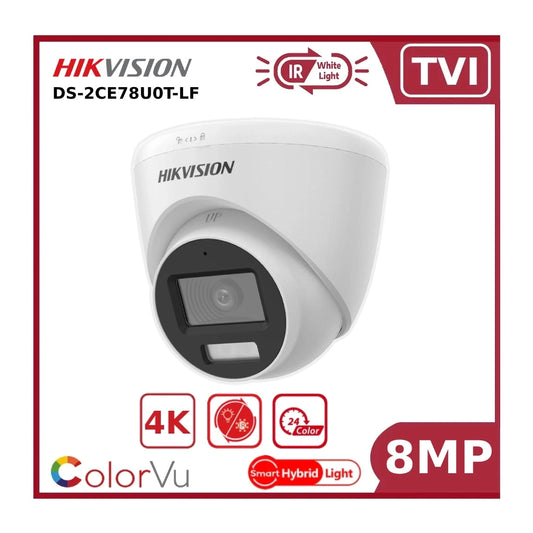 Hikvision 8MP DS‑2CE78U0T‑LF Smart Hybrid Light ColorVu + IR Fixed Lens TVI Turret Camera 20M White Light + 40M IR - White