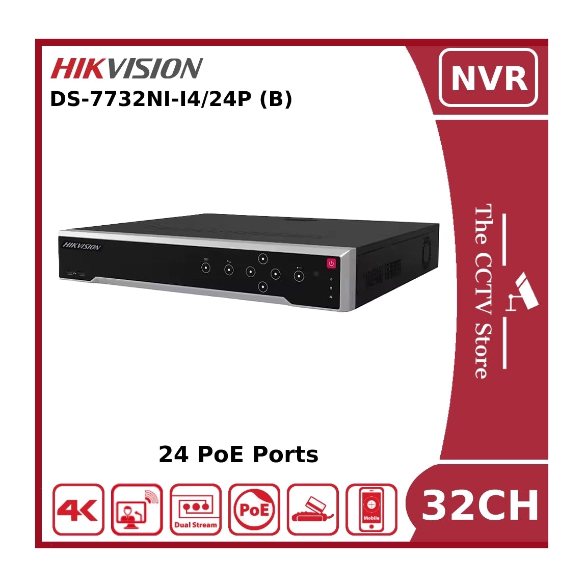 Hikvision DS-7732NI-I4/24P 32 Channel 12MP 4K NVR With 24 PoE Ports & 4 HDD Bays