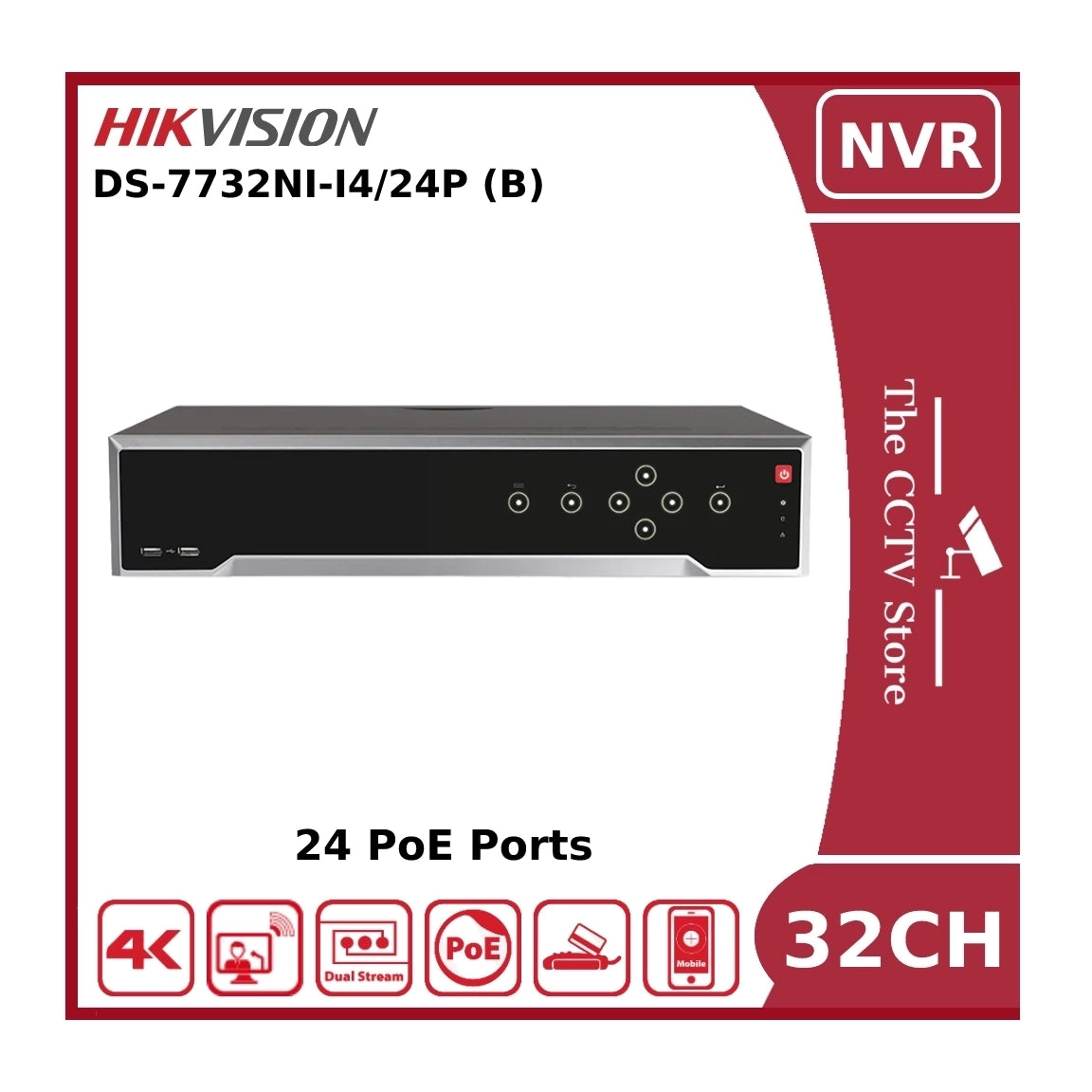Hikvision DS-7732NI-I4/24P 32 Channel 12MP 4K NVR With 24 PoE Ports & 4 HDD Bays - NR
