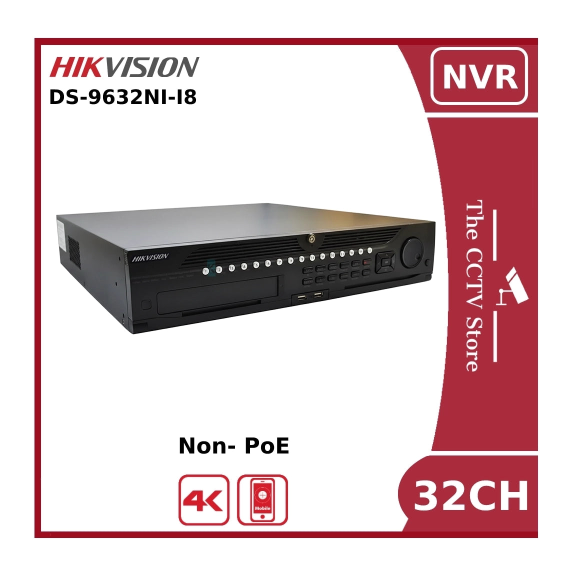Hikvision DS-9632NI-I8 Non-PoE 32 Channel 12MP 4K NVR With DVD/RW, USB & 8 HDD Bays