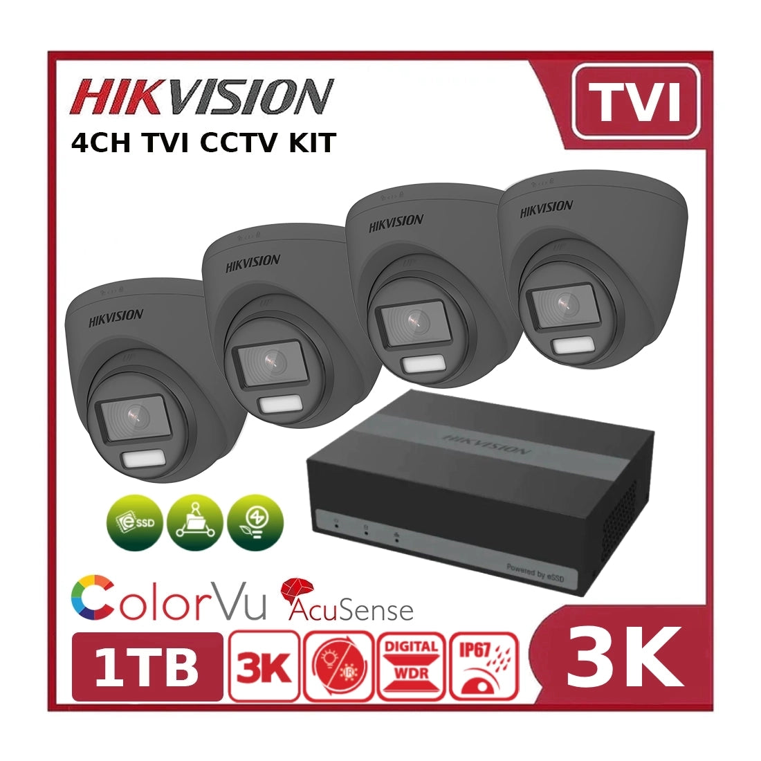 Hikvision 3K 4CH TVI CCTV Kit – 4 x DS-2CE72KF3T-LE- 3K Cameras + iDS-E04HUHI-B eDVR Built-in 1TB SSD - Free Wi-Fi Range Extender