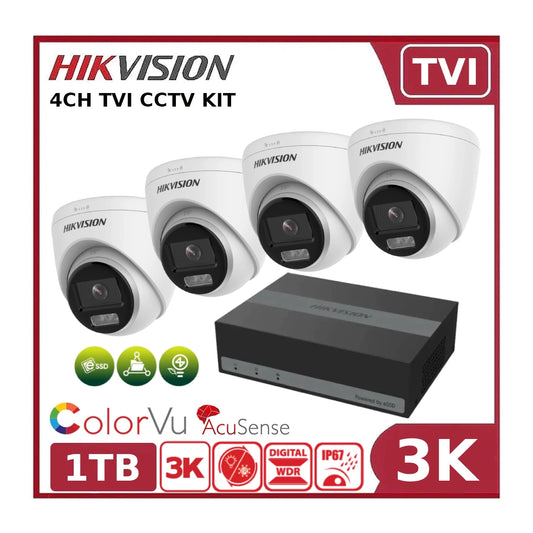 Hikvision 3K 4CH TVI CCTV Kit – 4 x DS-2CE72KF3T-LE 3K Cameras + iDS-E04HUHI-B eDVR + 1TB SSD - Clearance