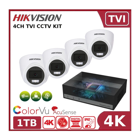 Hikvision 8MP 4CH TVI CCTV Kit – DS‑2CE78U0T‑LF Cameras + iDS-E04HUHI-B + 1TB SSD - Clearance