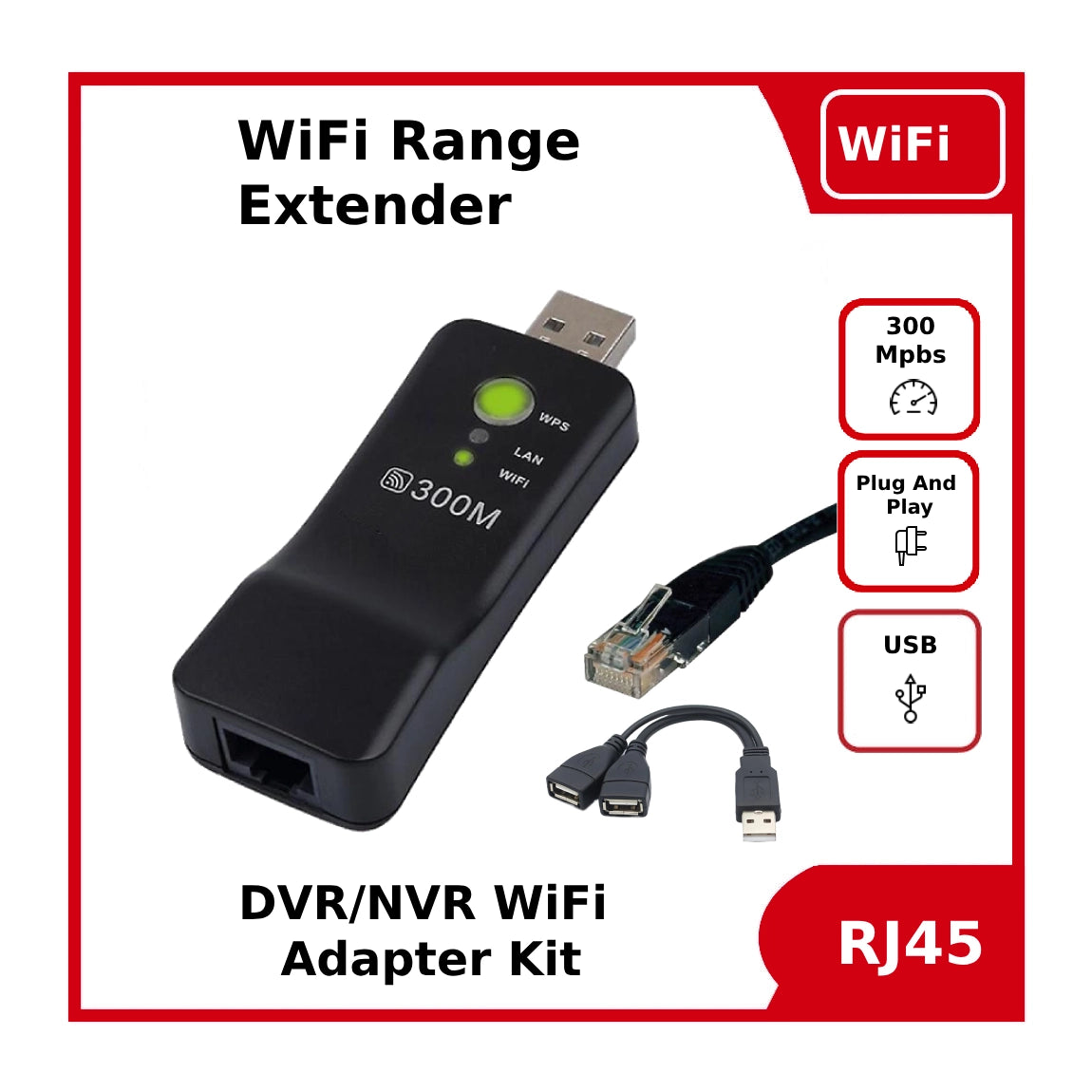 DVR / NVR WiFi Adapter Kit Range Extender, USB Splitter, Patch Lead Bundle
