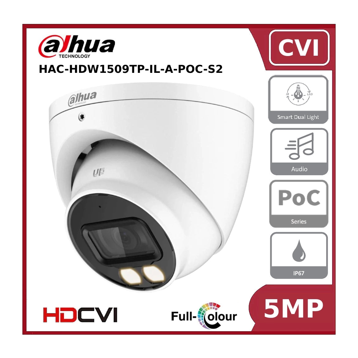 Dahua 5MP DH-HAC-HDW1509TP-IL-A-POC Smart Dual Light IR + LED Full-Colour Turret CVI PoC Camera with Mic - Power Over Coax