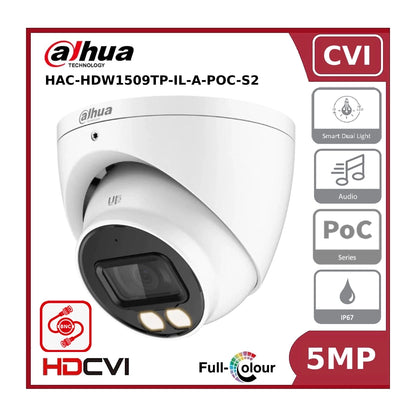 Dahua 5MP DH-HAC-HDW1509TP-IL-A-POC Smart Dual Light IR + LED Full-Colour Turret CVI PoC Camera with Mic - Power Over Coax