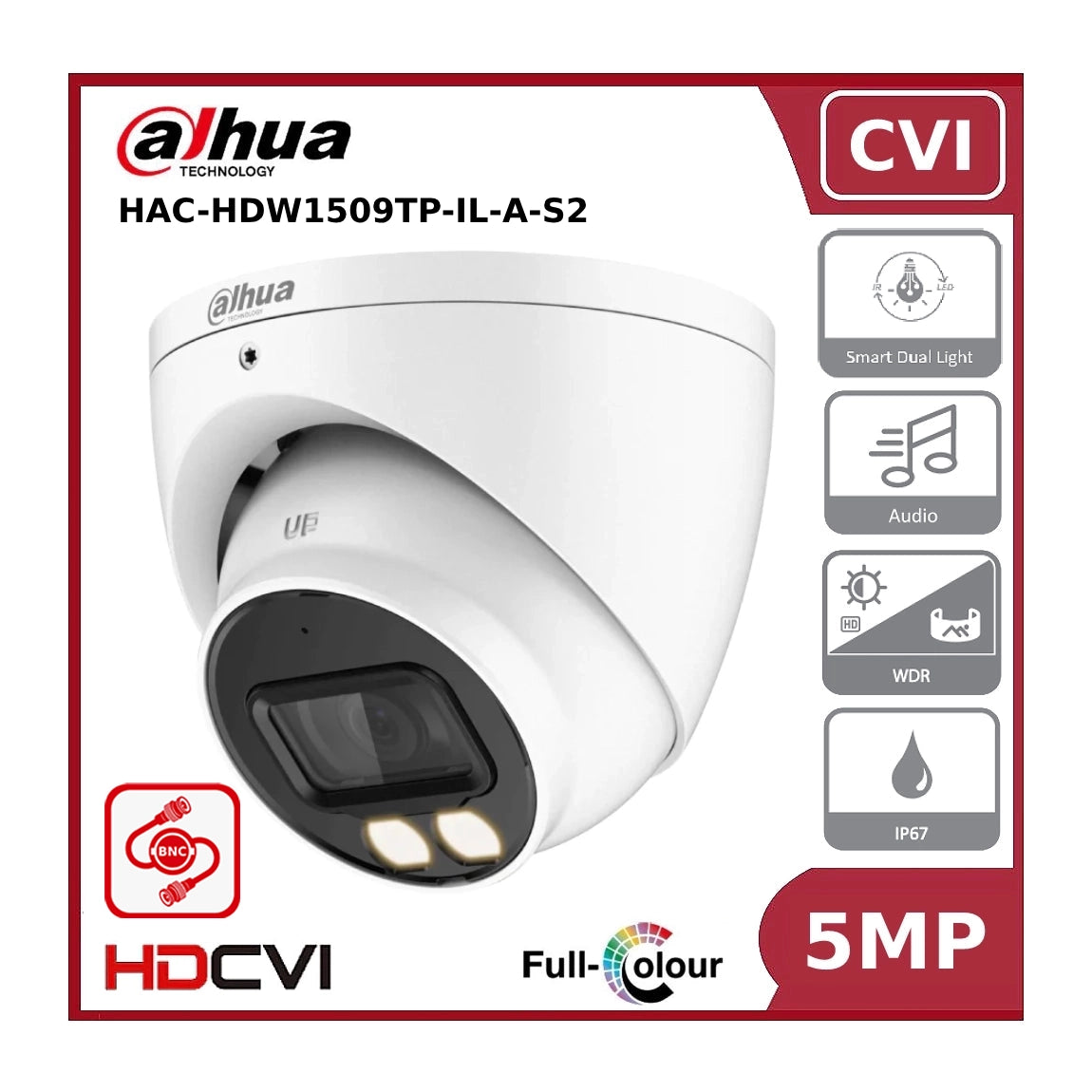 Dahua 5MP DH-HAC-HDW1509TP-IL-A-S2 Smart Dual Light IR + LED Full-Colour Turret CVI Camera HDCVI Eyeball Camera with Mic