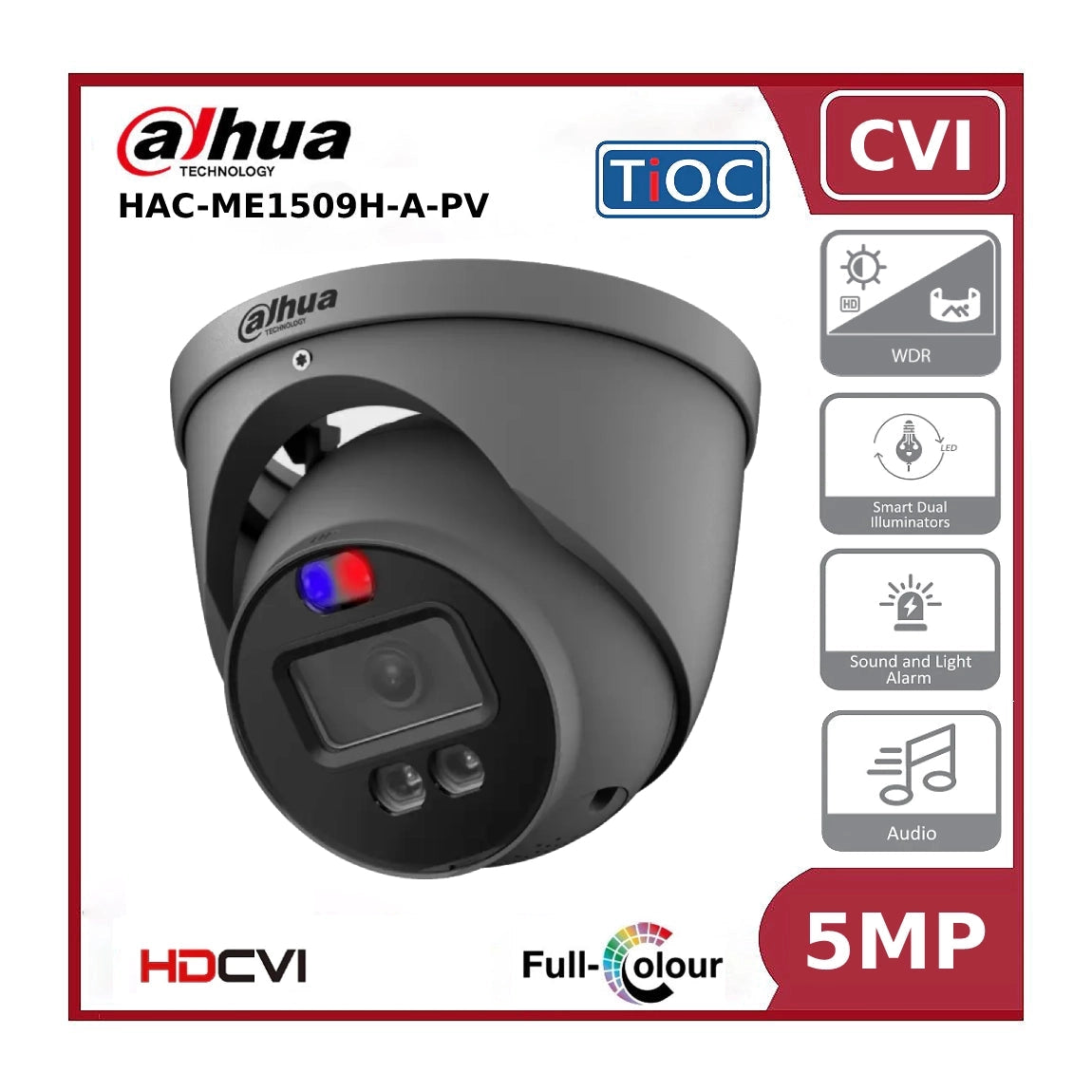 5MP Dahua HAC-ME1509HP-A-PV 5MP HDCVI TiOC Active Deterrence Fixed Lens 40M Eyeball Turret Camera - Grey - Offer