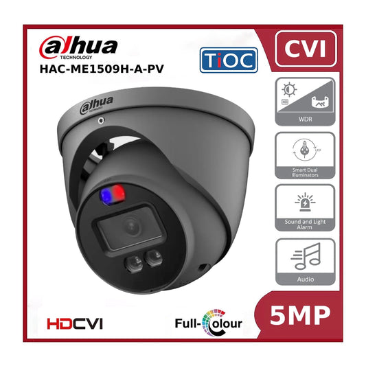 5MP Dahua HAC-ME1509HP-A-PV 5MP HDCVI TiOC Active Deterrence Fixed Lens 40M Eyeball Turret Camera - Grey - Offer