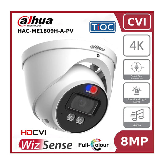 8MP Dahua DH-HAC-ME1809HP-A-PV 8MP HDCVI TiOC Active Deterrence HDoC Fixed Lens Eyeball Turret Camera 2.8MM White