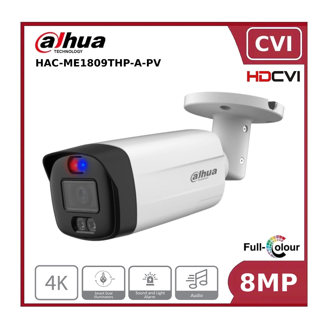 8MP Dahua DH-HAC-ME1809THP-A-PV 8MP 4K HDCVI TiOC Active Deterrence Fixed Lens 40M Bullet Camera - 3.6MM