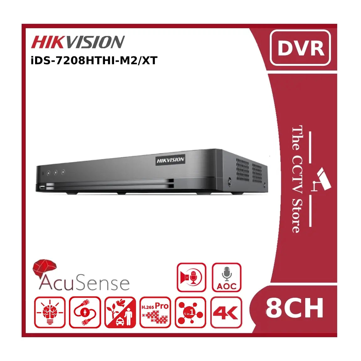 Hikvision iDS-7208HTHI-M2/XT 8 Channel 8MP Full 4K AcuSense Turbo HD AoC DVR - Supports Two-Way Audio Technology
