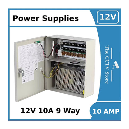 Metal Boxed Power Supply 12V 10AMP 9 Way for CCTV Cameras - 12V 10A Power Supply with 9 Ports