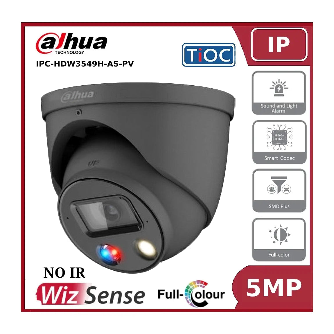 5MP Dahua IPC-HDW3549H-AS-PV WizSense, TiOC IP67 2.8mm Fixed Lens, 30M Active Deterrence IP Turret Camera