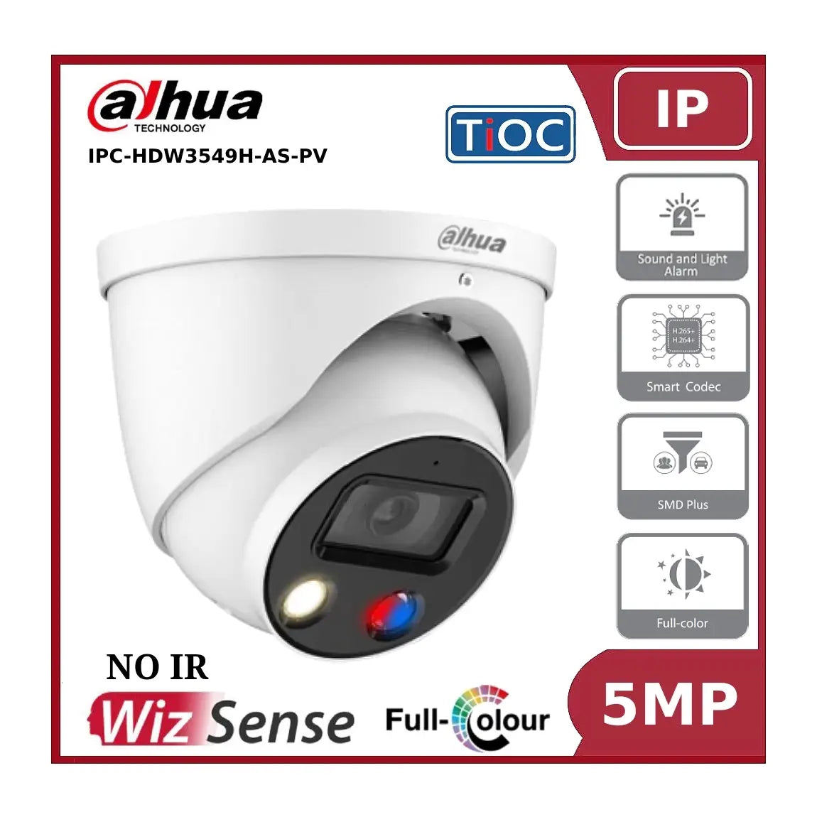 5MP Dahua IPC-HDW3549H-AS-PV WizSense, TiOC IP67 2.8mm Fixed Lens, 30M Active Deterrence IP Turret Camera, White