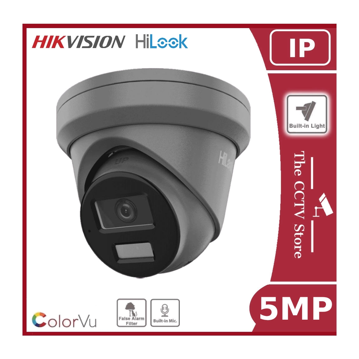 5MP Hikvision HiLook ColorVu Lite IPC-T259H-MU 5MP 24Hr Colour Turret Camera with Mic - Grey - Offer