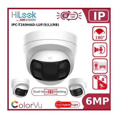 6MP HiLook by Hikvision IPC-T269HAD-LUF/S(L)(RB) Dual Lens 180° Smart Hybrid ColorVu + IR Fixed Turret IP Camera with LiveGuard and 2 Way Audio