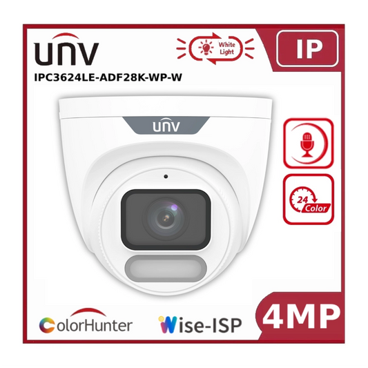 UNV 4MP IPC3624LE-ADF28K-WP-W ColourHunter Wise-ISP Fixed Lens IP Turret CCTV Camera - 30M White Light + Mic