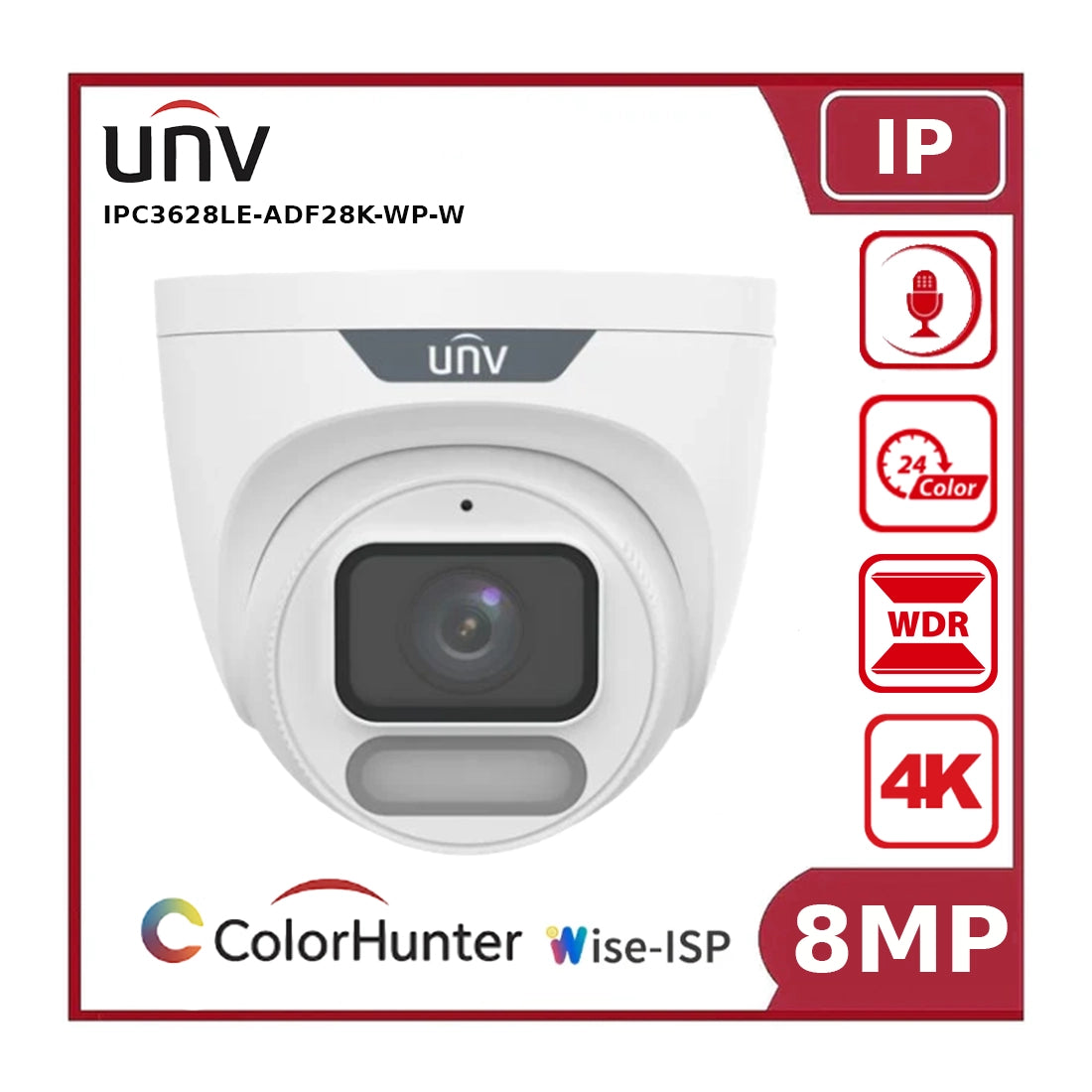 Uniview IPC3628LE-ADF28K-WP-W 8MP ColorHunter Wise-ISP Turret Camera, IP67, PoE, White