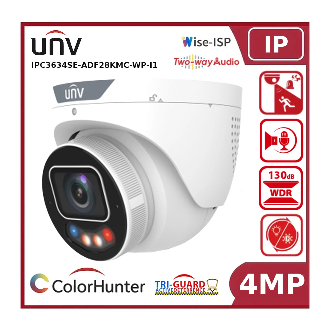 Uniview IPC3634SE-ADF28KMC-WP-I1 4MP IP Camera, Fixed Lens, OwlView Plus, Tri-Guard 3.0, AI, Two-Way Talk