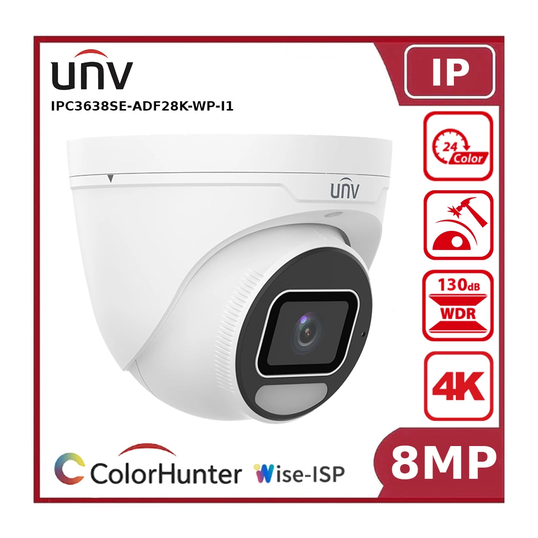 UNV IPC3638SE-ADF28K-WP-I1 8MP ColorHunter with Wise-ISP Fixed Turret Network Camera
