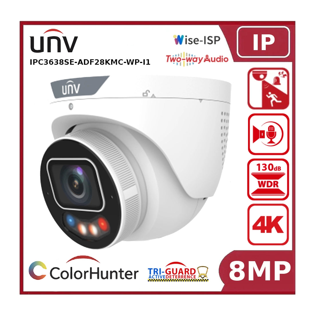 Uniview IPC3638SE-ADF28KMC-WP-I1 8MP IP Camera, OwlView Plus, Tri-Guard 3.0, AI, Two-Way Talk