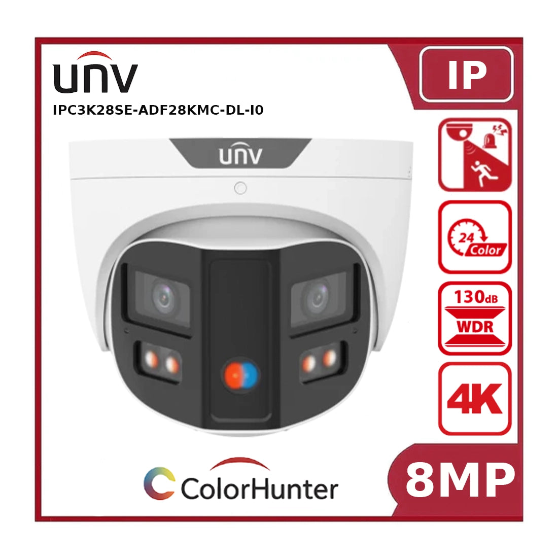 Uniview UV-IPC3K28SE-ADF28KMC-DL-I0 8MP Turret ColorHunter Camera, 2.8mm, Omniview, Two-Way Audio