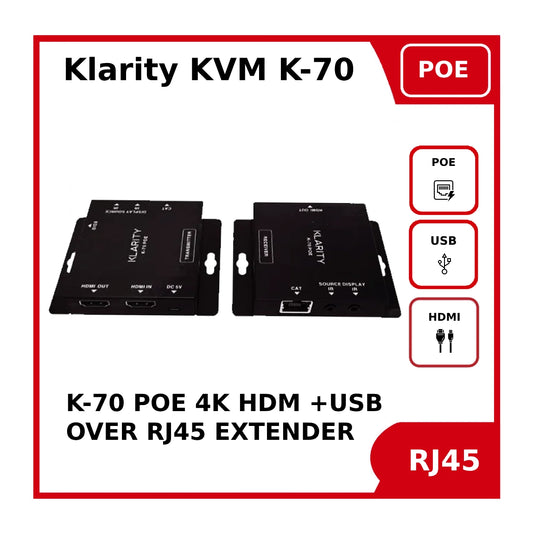 Klarity K-70-4K-KVM-POE 4K 70m POE HDMI and USB over CAT Extender