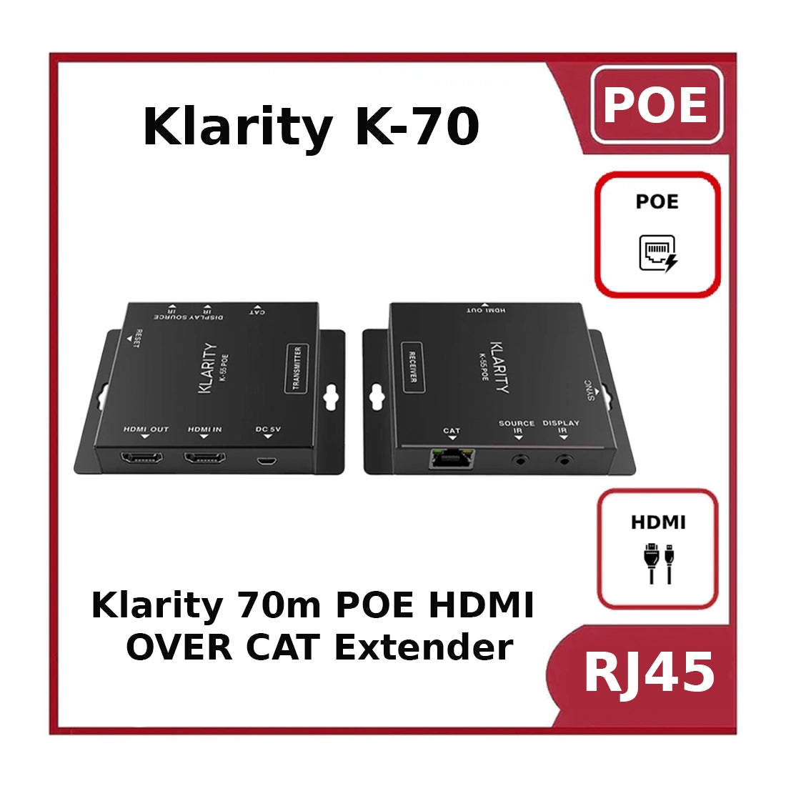 Klarity K-70-HD-POE HDMI Over Cat5/6 Extender with PoE – 70m 1080p Transmission