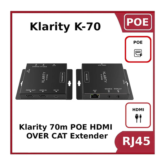 Klarity K-70-HD-POE HDMI Over Cat5/6 Extender with PoE – 70m 1080p Transmission
