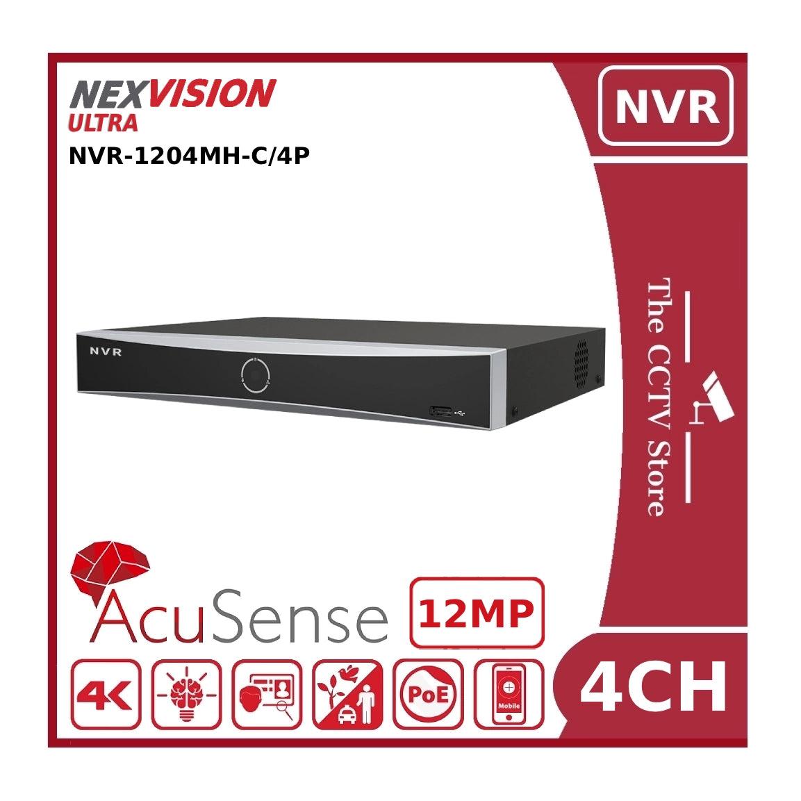 Nexvision 4CH NVR-1204MH-C/4P 12MP 4 Channel AcuSense PoE NVR with 1CH 12MP or 2CH 8MP Support
